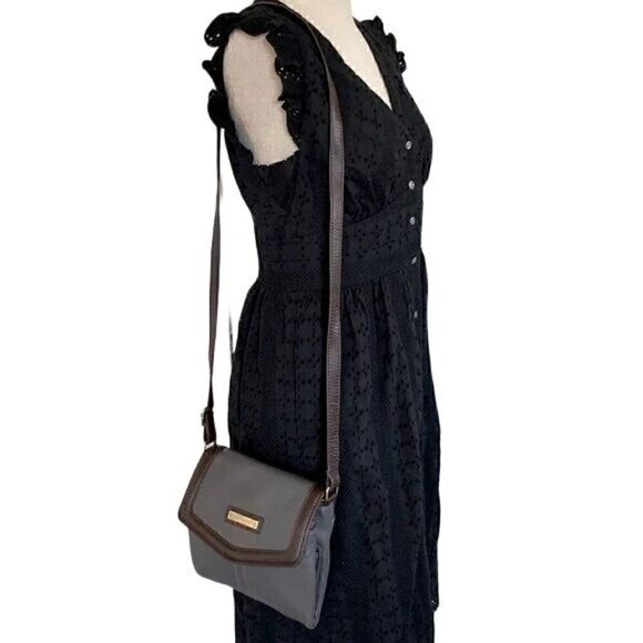 Tignanello Multi Compartment Small Crossbody Bag-Grey Leather/Brown Trim - Picture 2 of 11